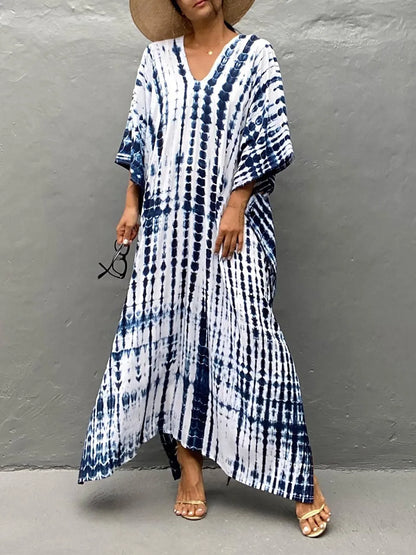 Dame Kaftankjole - Lang Løs Pasform - V-Hals - Boheme Tie-Dye - Let og Luftig