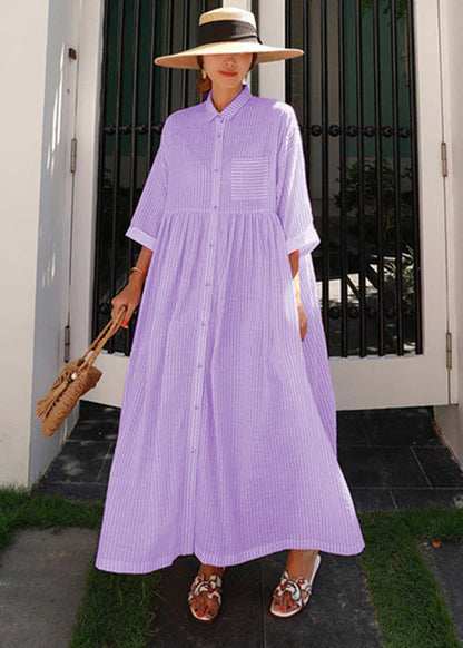 Women's Long Dress – A-Line Fit – Peter Pan Collar – Button Closure – Striped Design