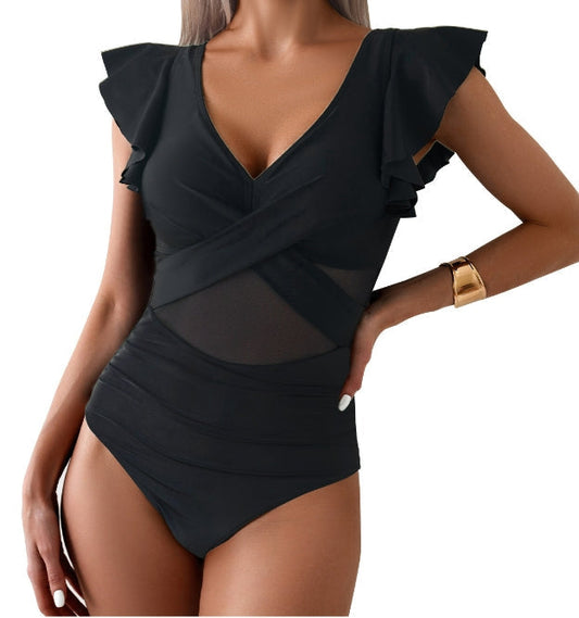 Women's Swimsuit – Tailored Fit – Deep V-Neck – Ruffle Sleeves – Mesh and Cross Cut