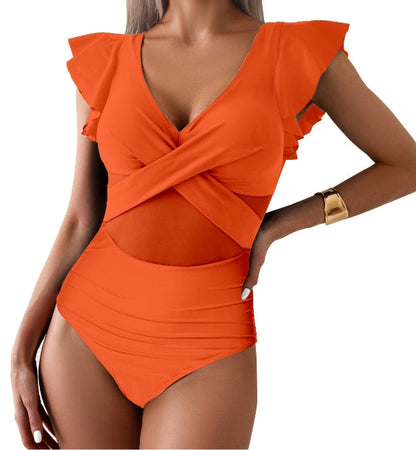 Women's Swimsuit – Tailored Fit – Deep V-Neck – Ruffle Sleeves – Mesh and Cross Cut