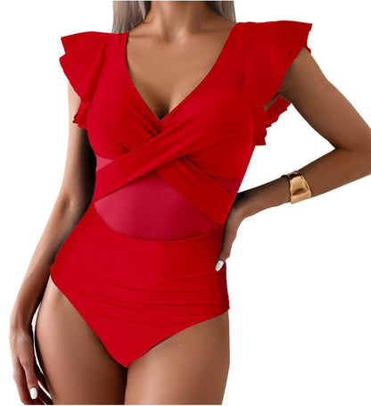 Women's Swimsuit – Tailored Fit – Deep V-Neck – Ruffle Sleeves – Mesh and Cross Cut