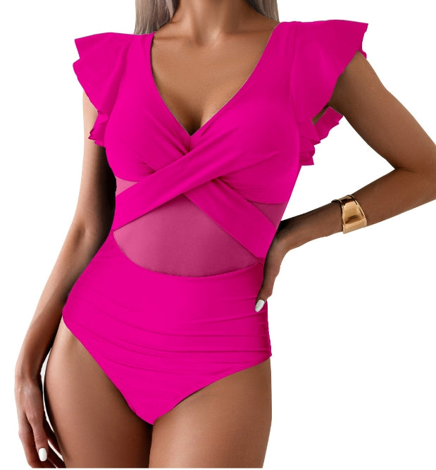 Women's Swimsuit – Tailored Fit – Deep V-Neck – Ruffle Sleeves – Mesh and Cross Cut