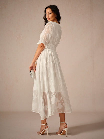 Women's Maxi Dress – Floral Lace – Elegant Fit – V-Neck – Flutter Sleeves