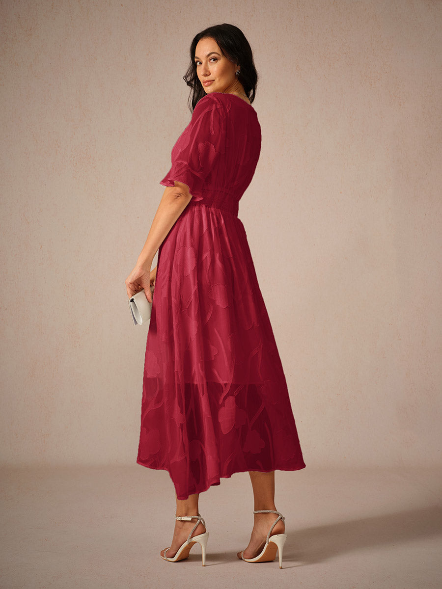 Women's Maxi Dress – Floral Lace – Elegant Fit – V-Neck – Flutter Sleeves