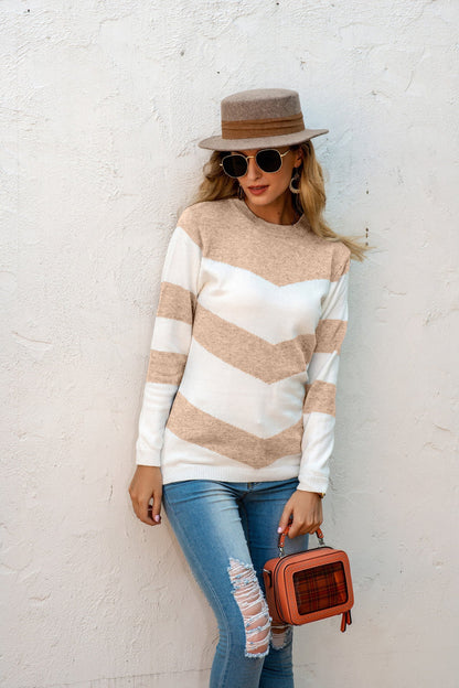 Women's Pullover Knit – Relaxed Fit – Wool Blend – Zigzag Pattern – Long Sleeves