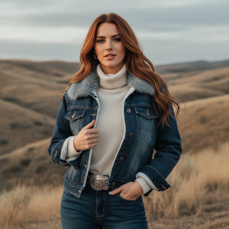 Amelia Regular Fit Denim Jacket | Fur Collar Sherpa Lined Denim Jacket