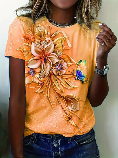 Dame T-shirt - Kort Ærme - Rund Hals - Blomster & Sommerfugl Design - Afslappet Pasform