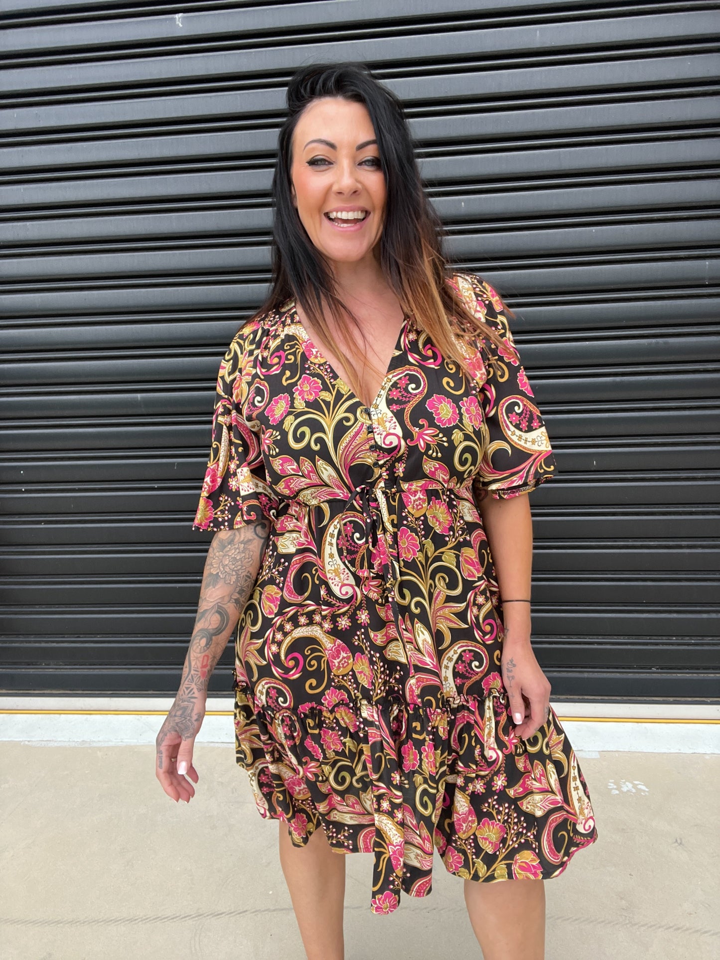 Women's Mini Dress - A-line Fit - V-neck with Decorative Details - Short Ruffle Sleeves