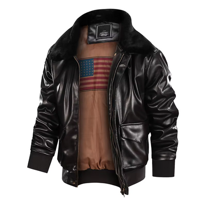 Men's Leather Jacket – Regular Fit – Zipper – Flap Pockets – Ribbed Cuffs – Fur Collar