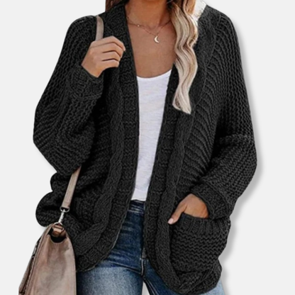 Isla Wool Oversized Cardigan | Ribbed Open Front Pockets Cardigan