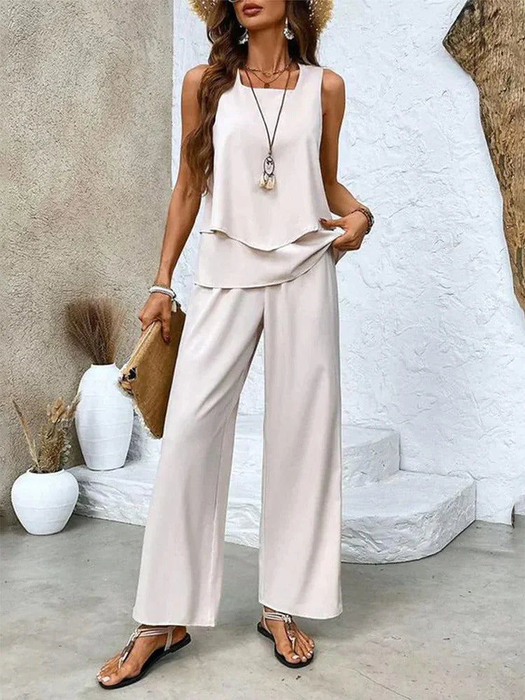 Women's Set – Sleeveless Top and Wide Pants – Relaxed Fit – Breathable Comfort
