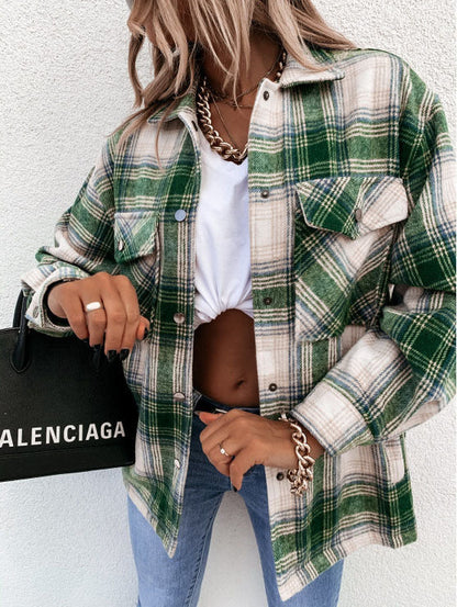 Women's Shirt Jacket – Oversized Fit – Flannel Texture – Checkered – Button Closure – Loose Layering