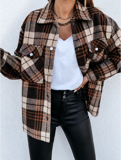 Women's Shirt Jacket – Oversized Fit – Flannel Texture – Checkered – Button Closure – Loose Layering