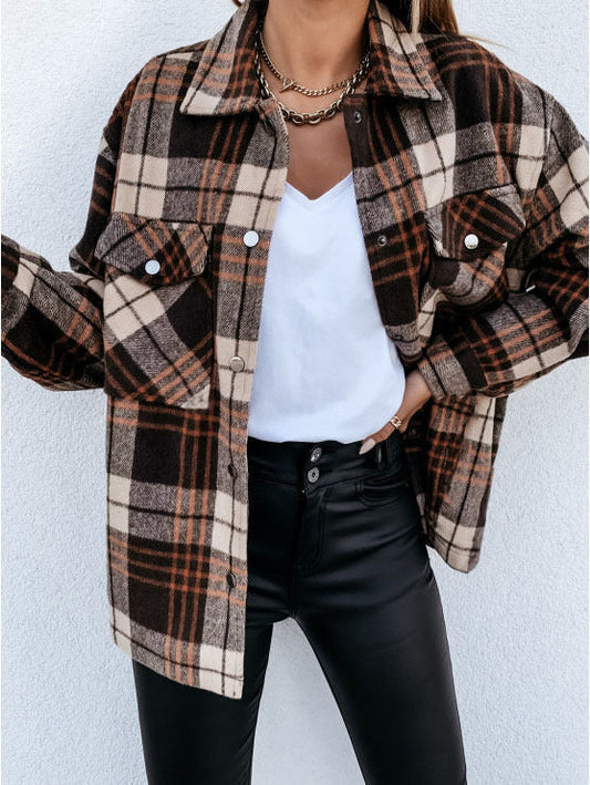 Women's Shirt Jacket – Oversized Fit – Flannel Texture – Checkered – Button Closure – Loose Layering