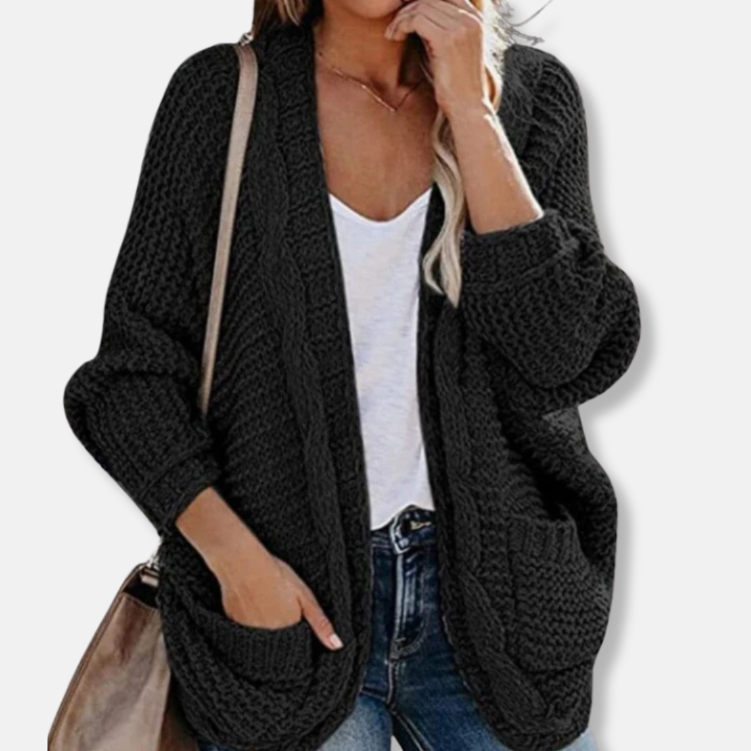 Isla Wool Oversized Cardigan | Ribbed Open Front Pockets Cardigan