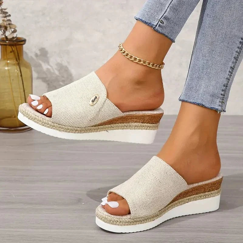 Dame Wedges Sandaler - Denim - Åben Tå - Komfortabel Platform med Jute