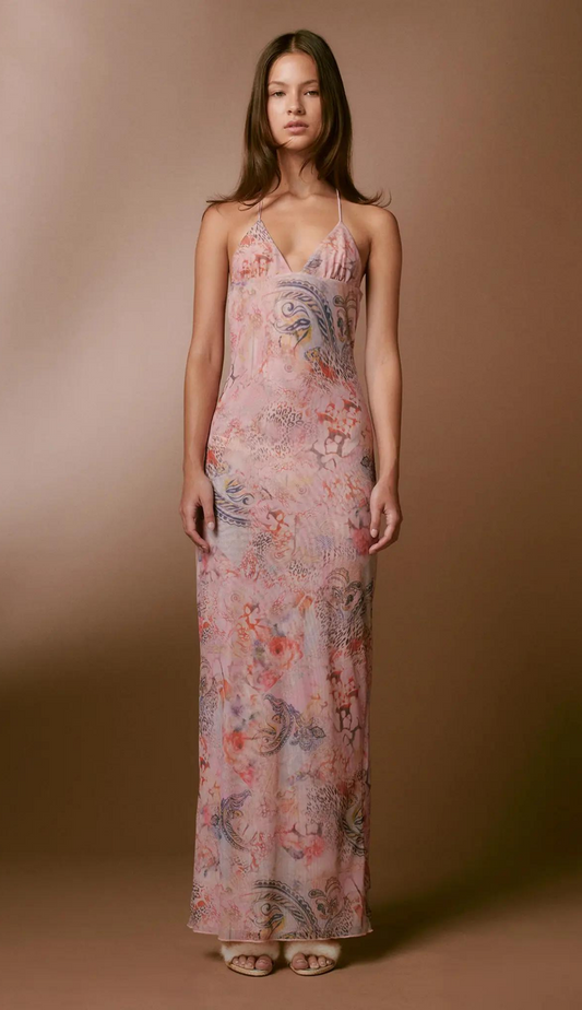 Women's Maxi Dress – Sleeveless – Open Back with Butterfly Details – Slim Fit