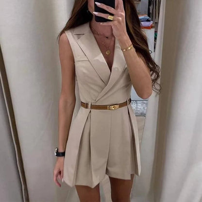 Dame Blazer-Style Romper - Ærmeløs - Taljebælte - Elegant og Figursyet