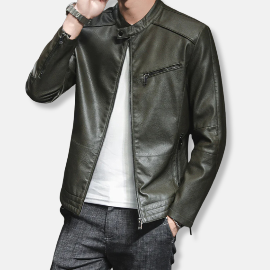 Men's Biker Jacket – Slim Fit – Glossy Look – Stand Collar – Zipper Pockets