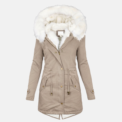 Women's Parka Jacket - Long Model - Water-Repellent - Faux Fur Hood - Adjustable Waist