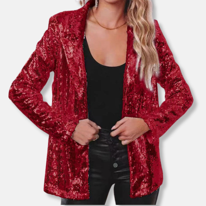 Olivia Sequin-Embellished Collared Blazer | Relaxed Fit Hip-Length Blazer