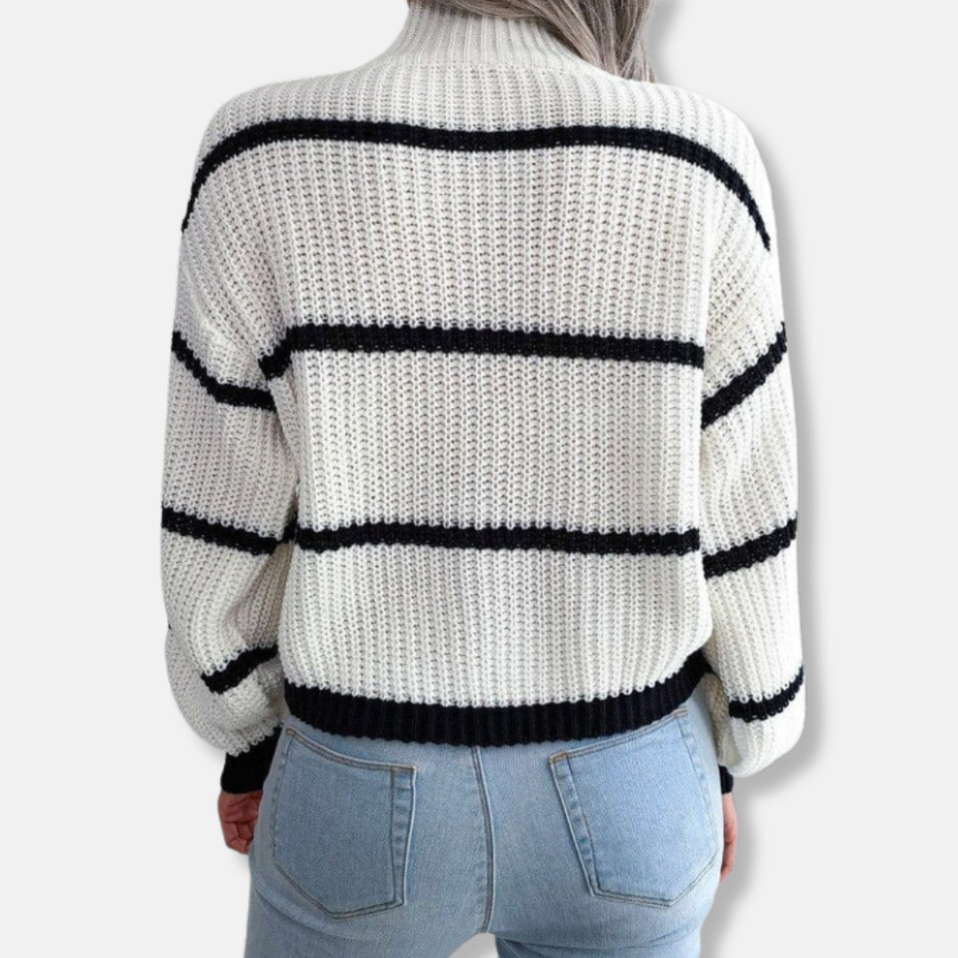 Women's Knit Sweater - Soft Ribbed Turtleneck - Relaxed Fit - Classic Stripes