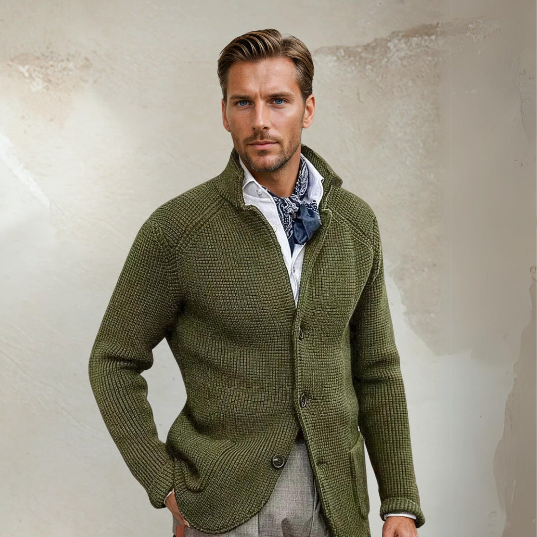 Men's Cardigan – Tailored Fit – Soft Knit – High Collar – Button Closure