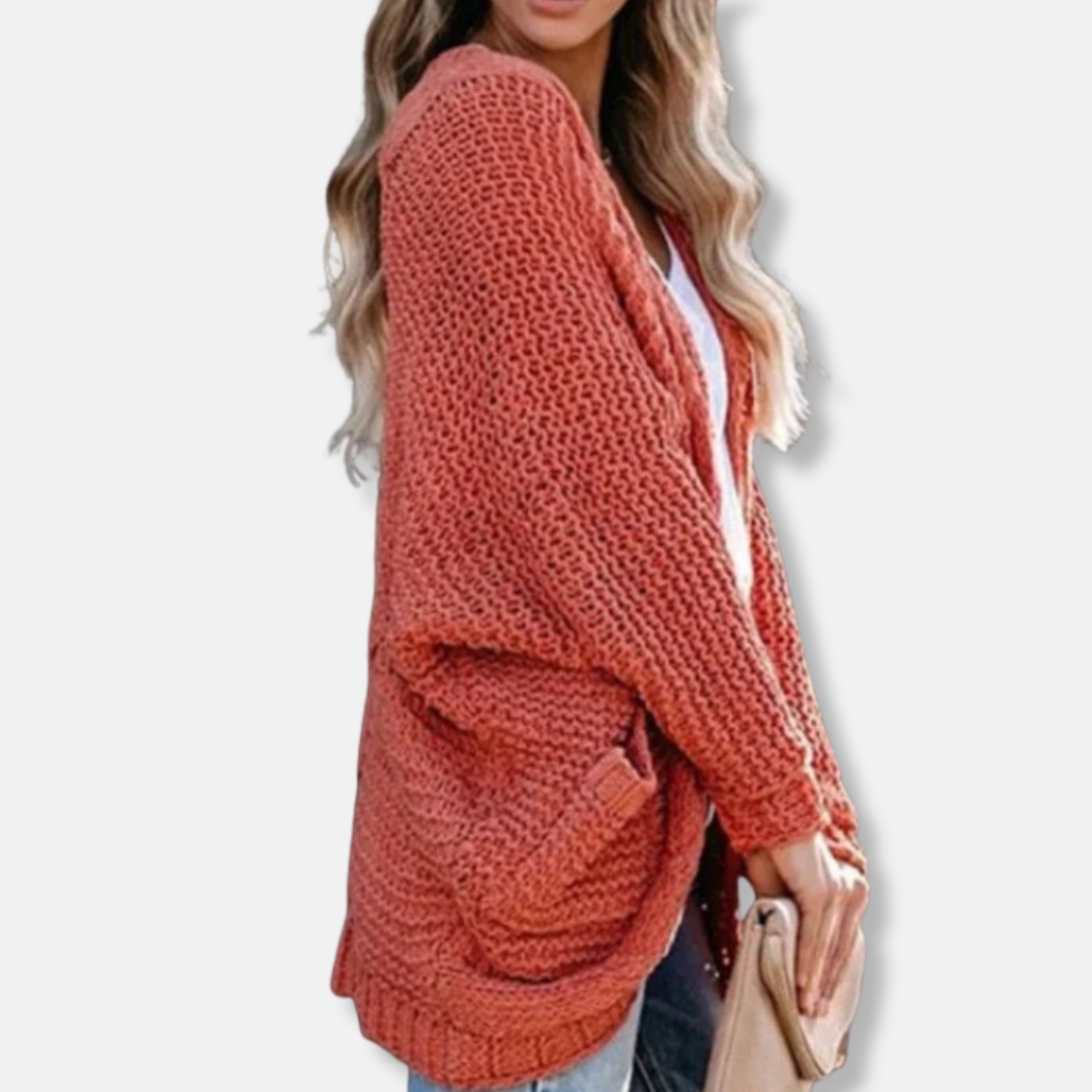 Isla Wool Oversized Cardigan | Ribbed Open Front Pockets Cardigan