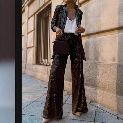 Isla Sequin Embellished Blazer Jacket and High-Waist Wide Leg Trousers Two-Piece Set | Relaxed Fit Open Front Jacket Party Trousers
