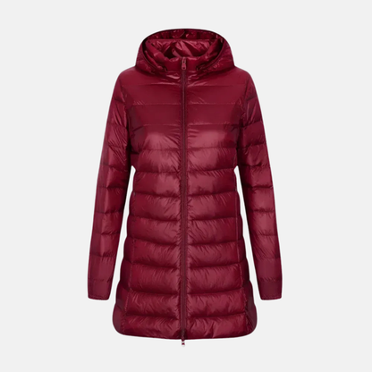 Women's Down Jacket – Tailored Fit – Mid-thigh Length – Padded – With Hood – Water-repellent