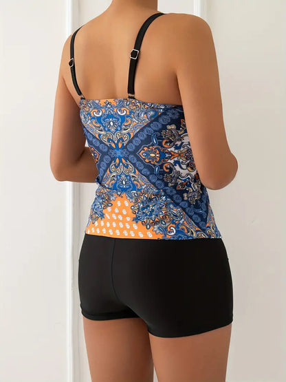 Women's Tankini Set – Adjustable Straps – Tribal Pattern – Tight-Fitting – Mid-Length Shorts