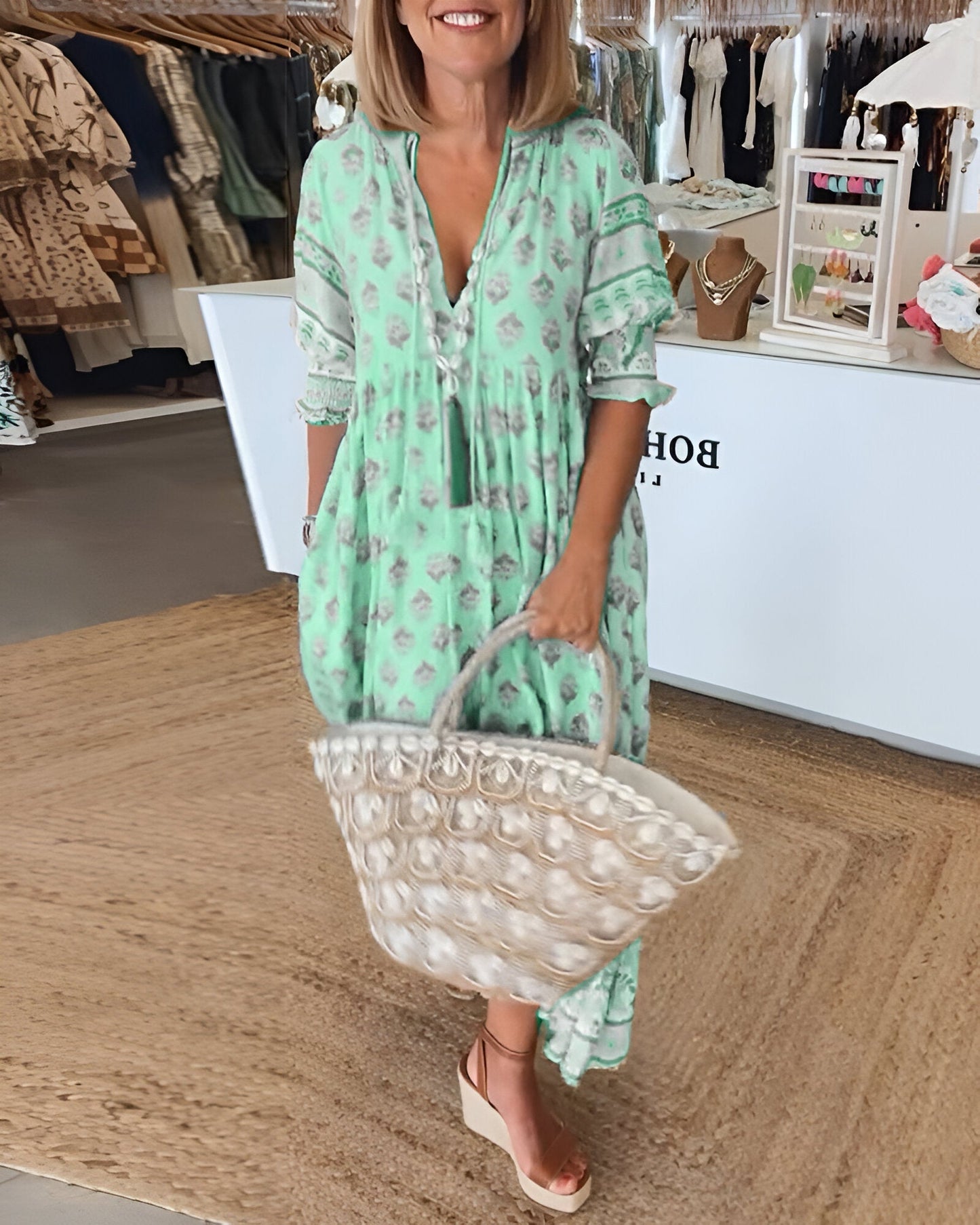 Maxi Dress for Women – V-Neck – Bohemian Floral – Airy Fit – Three-Quarter Sleeves