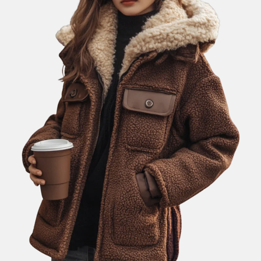 Sophia Fleece Relaxed Fit Coat | Sherpa Lined Hooded Zipper Coat
