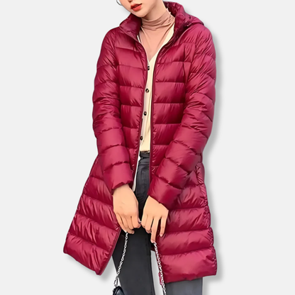 Isla Nylon Puffer Jacket | Quilted Hooded Mid-Length Jacket