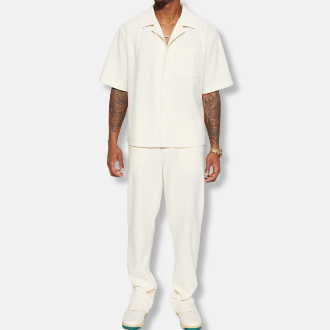 Men's Set – Relaxed Fit – Short-Sleeved Shirt with Collar – Long Pants – Breathable Fabric