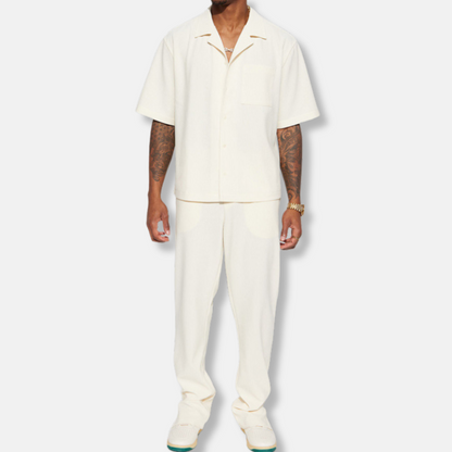 Men's Set – Relaxed Fit – Short-Sleeved Shirt with Collar – Long Pants – Breathable Fabric