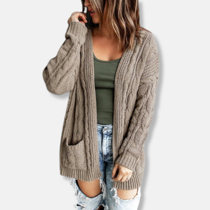 Women's Cardigan – Knit – Relaxed Fit – Cable Knit – Open Front – Pockets