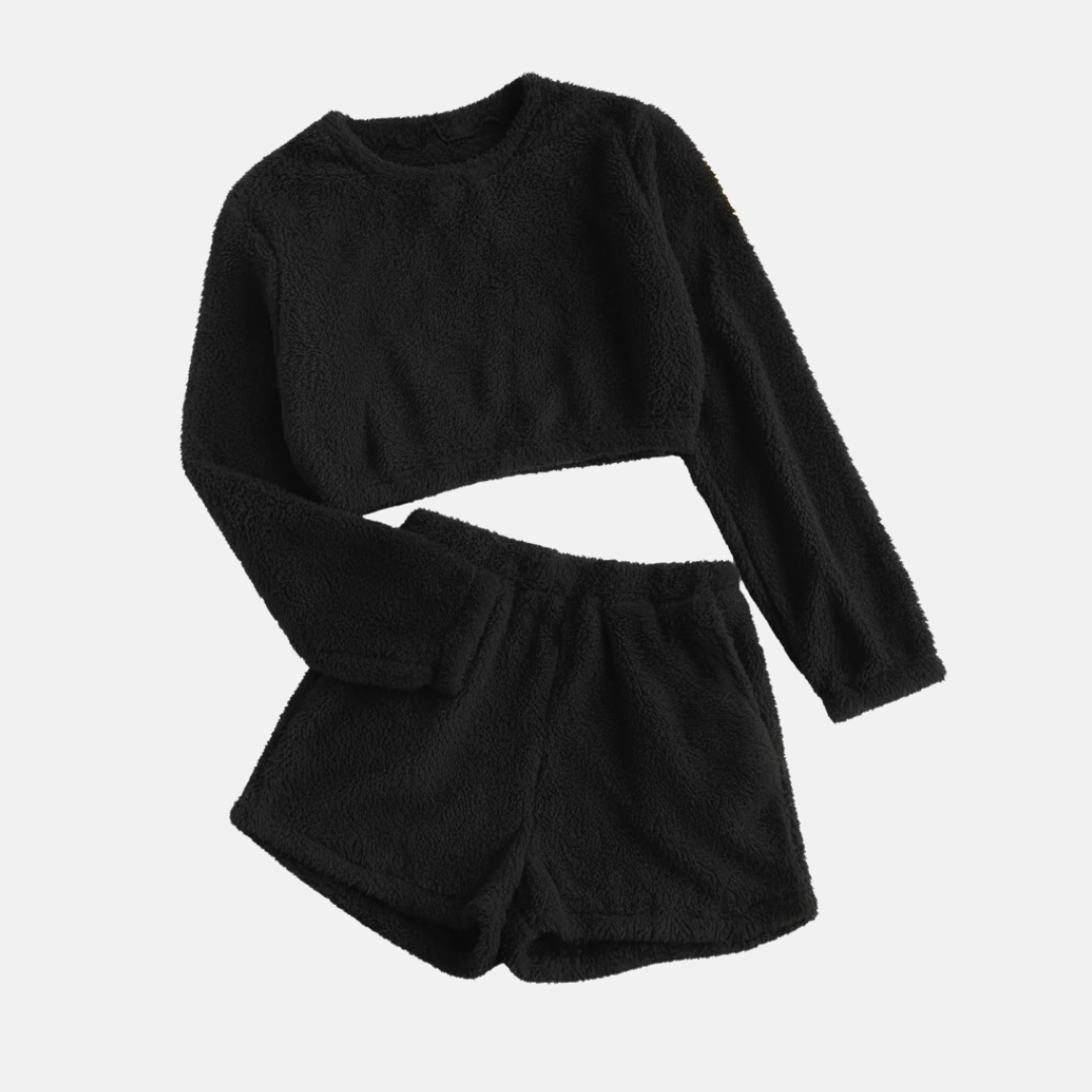 Women's Loungewear Set – Cropped Long-Sleeve Top – High-Waisted Shorts in Soft Fleece
