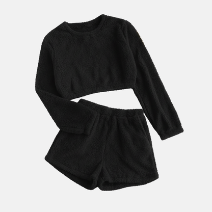 Women's Loungewear Set – Cropped Long-Sleeve Top – High-Waisted Shorts in Soft Fleece