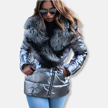 Isabella Quilted Puffer Jacket | Oversized Faux Fur Collar Belted Jacket