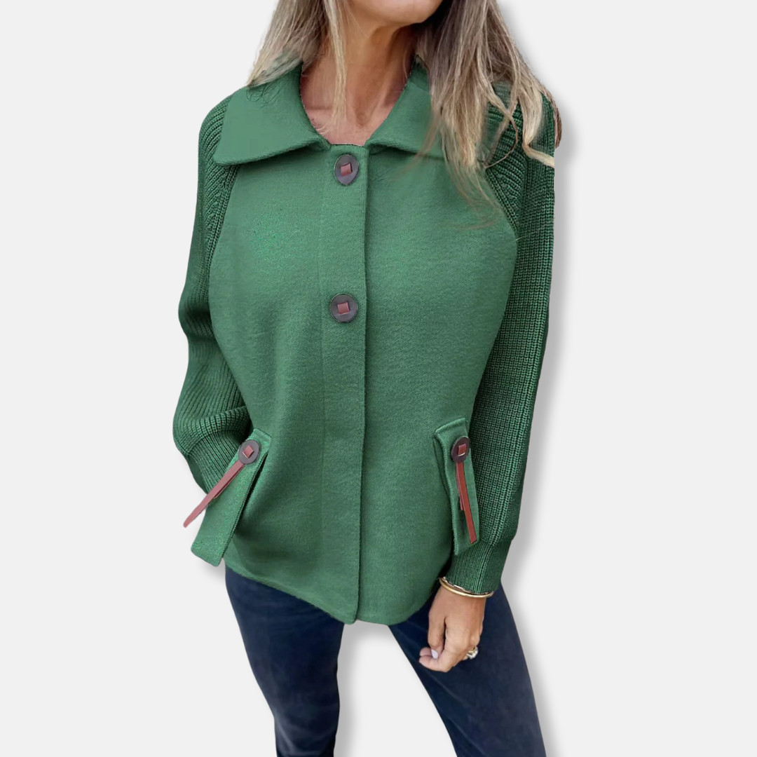 Women's Jacket – Relaxed Fit – Knitted Sleeves – Notched Collar – Button Closure