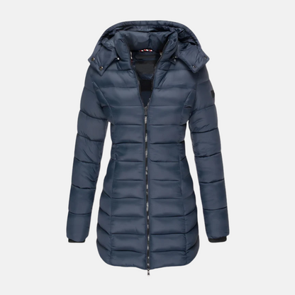 Women’s Puffer Coat - Slim Fit - Mid-Length - Hooded - Ribbed Cuffs