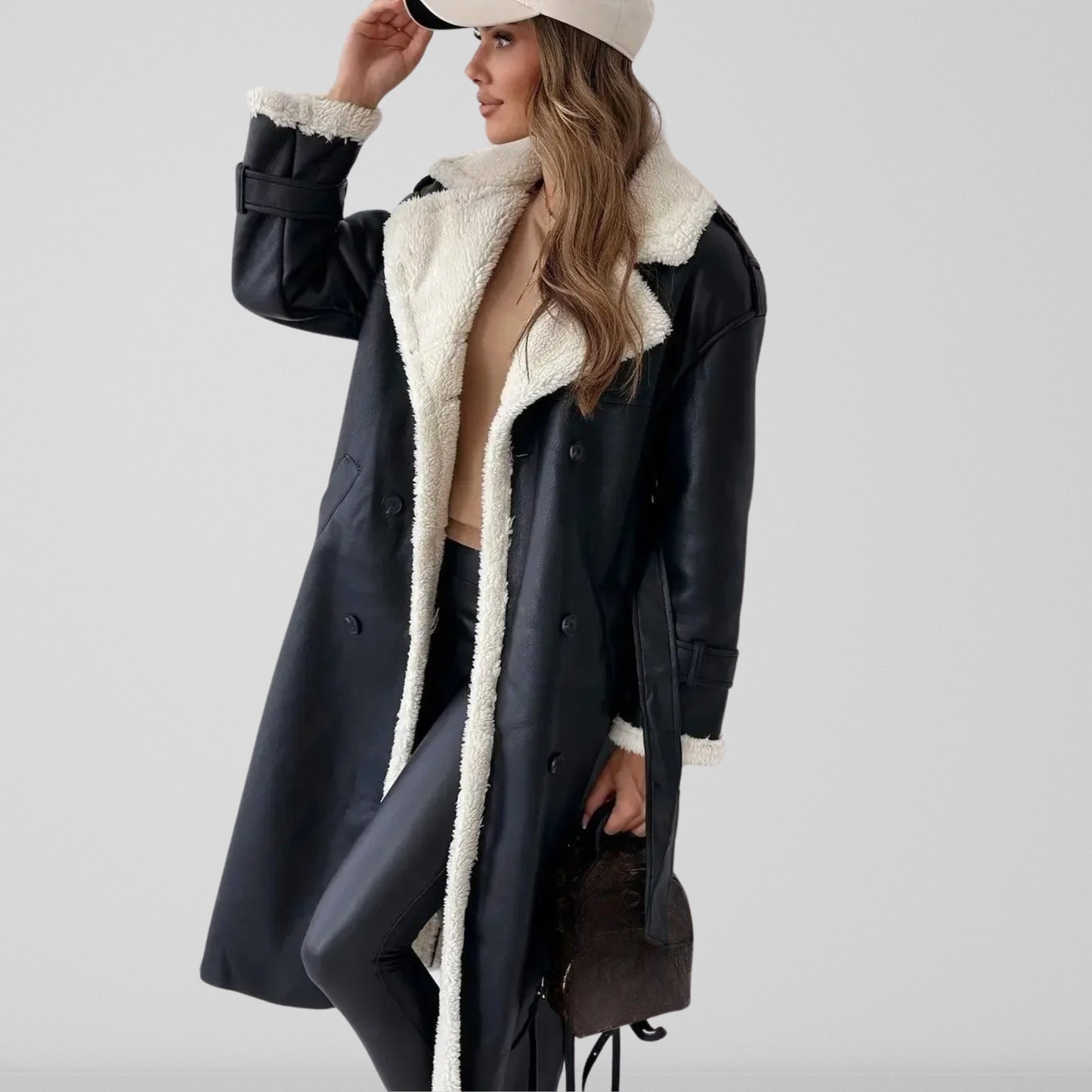 Women’s Trench Coat - Faux Leather - Double Breasted - Belted Waist - Shearling Trim