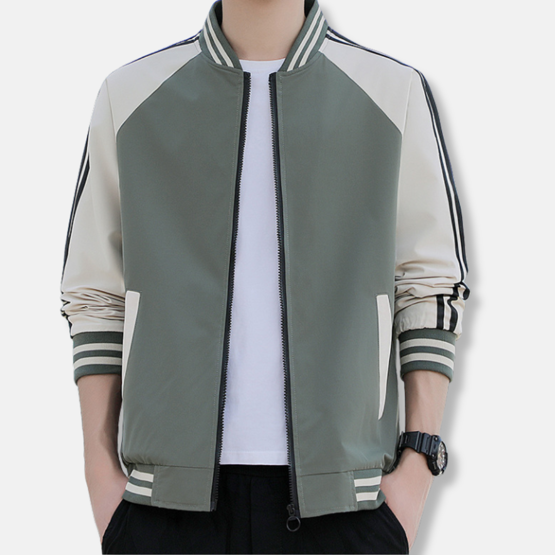 Men's Bomber Jacket – Relaxed Fit – Breathable Lightweight Fabric – Ribbed Trims – Striped Sleeves