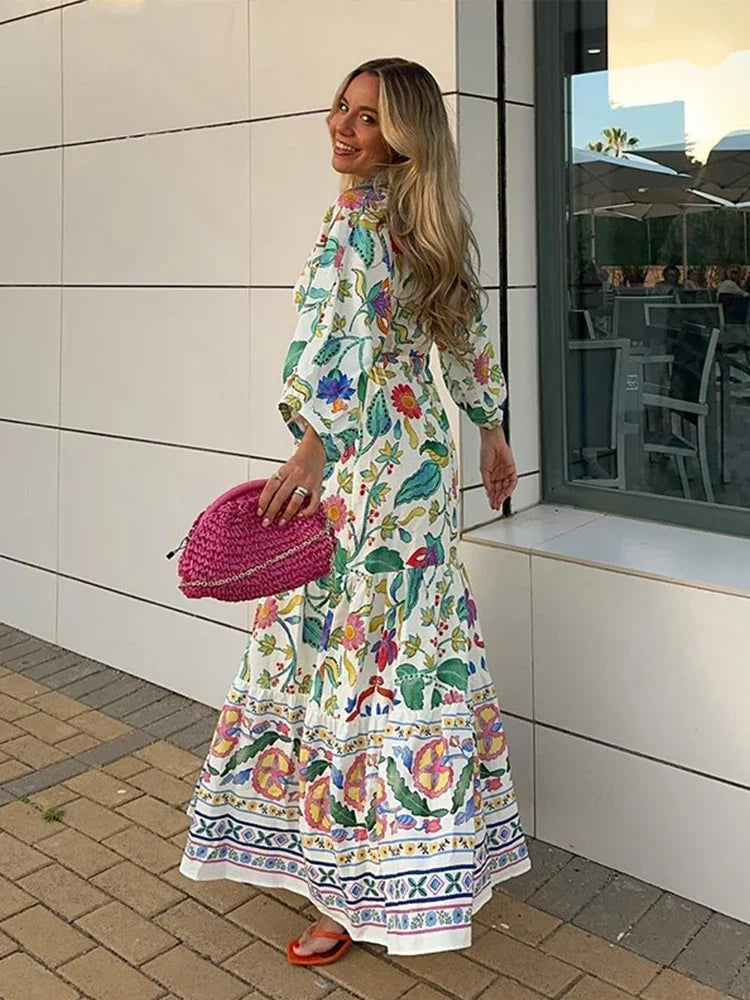 Women's Maxi Dress - Floral Print - Long-Sleeved with V-Neck - Loose Fit - Bohemian Style