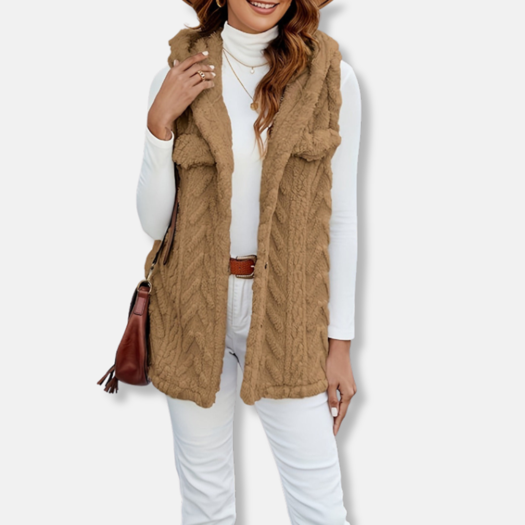 Women's Vest With Hood – Fuzzy Knit – Button Closure – Relaxed Fit – Chest Pockets