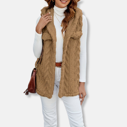 Women's Vest With Hood – Fuzzy Knit – Button Closure – Relaxed Fit – Chest Pockets