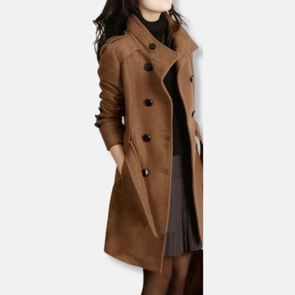 Women's Trench Coat - Wool Blend - Double Breasted Buttons - Belted Waist - Classic Cut