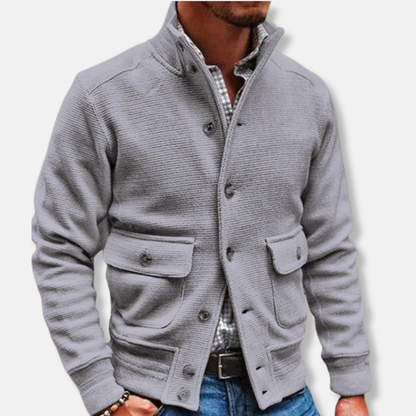 Men's Jacket – Slim Fit – Ribbed Texture – High Collar – Button Closure – Flap Pockets