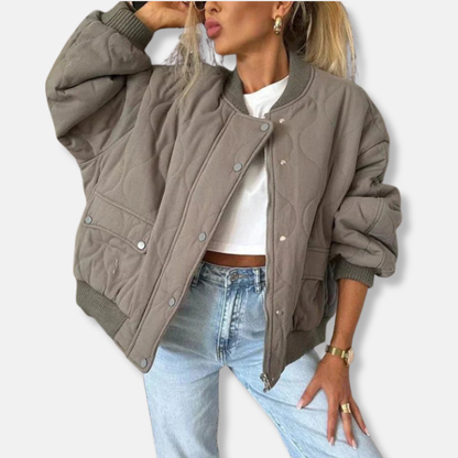 Women's Bomber Jacket – Oversized Fit – Quilted Lightweight Design – Snap Button Closure
